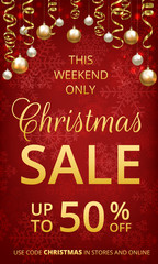 Christmas baubles and golden serpentine streamers on red background. Christmas card