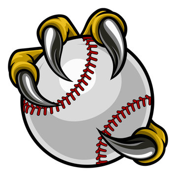 Eagle, bird or monster claw or talons holding a baseball ball. Sports graphic.