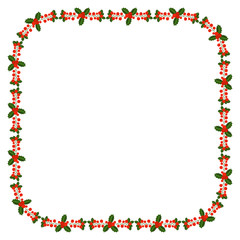 Square frame with Holly berry branch. Border for traditional ornamental wreath from plants for greeting cards for Merry Christmas and Happy New Year.