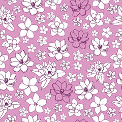 Plumeria and Magnolia in Pink-Flowers in Bloom Seamless Repeat Pattern. Pattern Background.