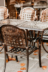 View on a French cafe terrasse in Paris in Autumn.