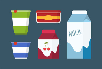 Dairy and Milk Products Set in Cartoon Style.