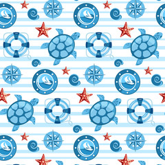 seamless pattern in children's style with ships, sea creatures