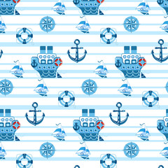 seamless pattern in children's style with ships, sea creatures