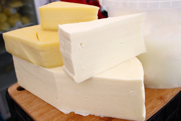 White brine cheese and yellow kashkaval from cow, goat or sheep milk 