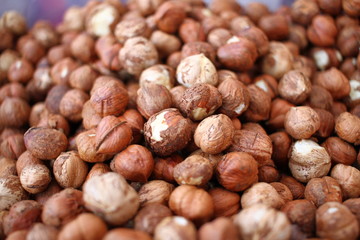 Peeled Hazelnuts pattern. Filbert macro. With clipping path. Organic hazelnuts full frame background texture. Nuts wallpaper. 
