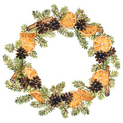 Watercolor wreath of spruce with pine cones, slices of orange and cinnamon. Christmas decoration © IMR