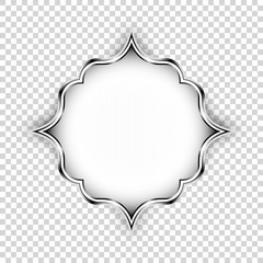 Vector silver shape, decorative art design element. Islamic ornamental floral label with lights and shadow isolated on transparent background, Old style realistic icon< graphic banner design element.