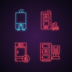 Heating neon light icons set