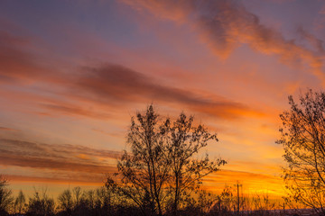Fototapeta na wymiar Winter sunset, yellow sky clouds
