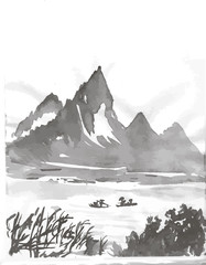 Black white mascara illustration of Chinese mountains and trees.
