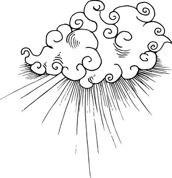 Black and white illustration of Chinese clouds and rays of light.