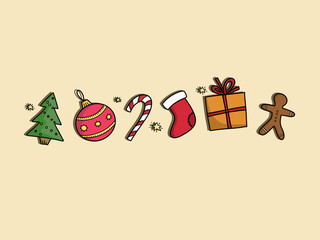 Stylish christmas tree, gift, gingerbread cookie,candy, bauble,stocking. Hand drawn winter illustration, seasonal greeting card. Merry Christmas and Happy New Year icons