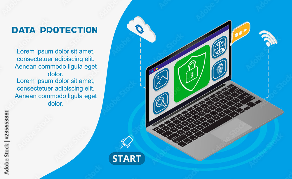 Poster internet security isometric concept.traffic encryption, vpn, privacy protection antivirus hack.flat 
