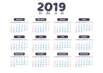 Universal simple calendar of 2019 New Year with funny cartoon characters in the header.