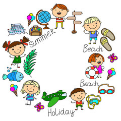 Fototapeta premium Vector pattern with children icons. Summer vacation at seashore, sea, ocean, beach. Small kids having fun.
