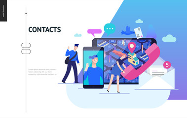 Fototapeta na wymiar Business series, color 2 - contacts - modern flat vector illustration concept of intercommunicators. Connection ways and tools -web, phone, chat, messenger, post. Creative landing page design template