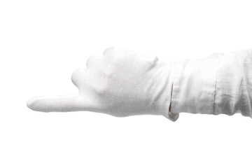 Hand in a white glove isolated on a white background. Gesture eye-catching. Gesticulation - obrazy, fototapety, plakaty