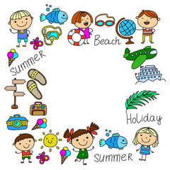 Vector pattern with children icons. Summer vacation at seashore, sea, ocean, beach. Small kids having fun.