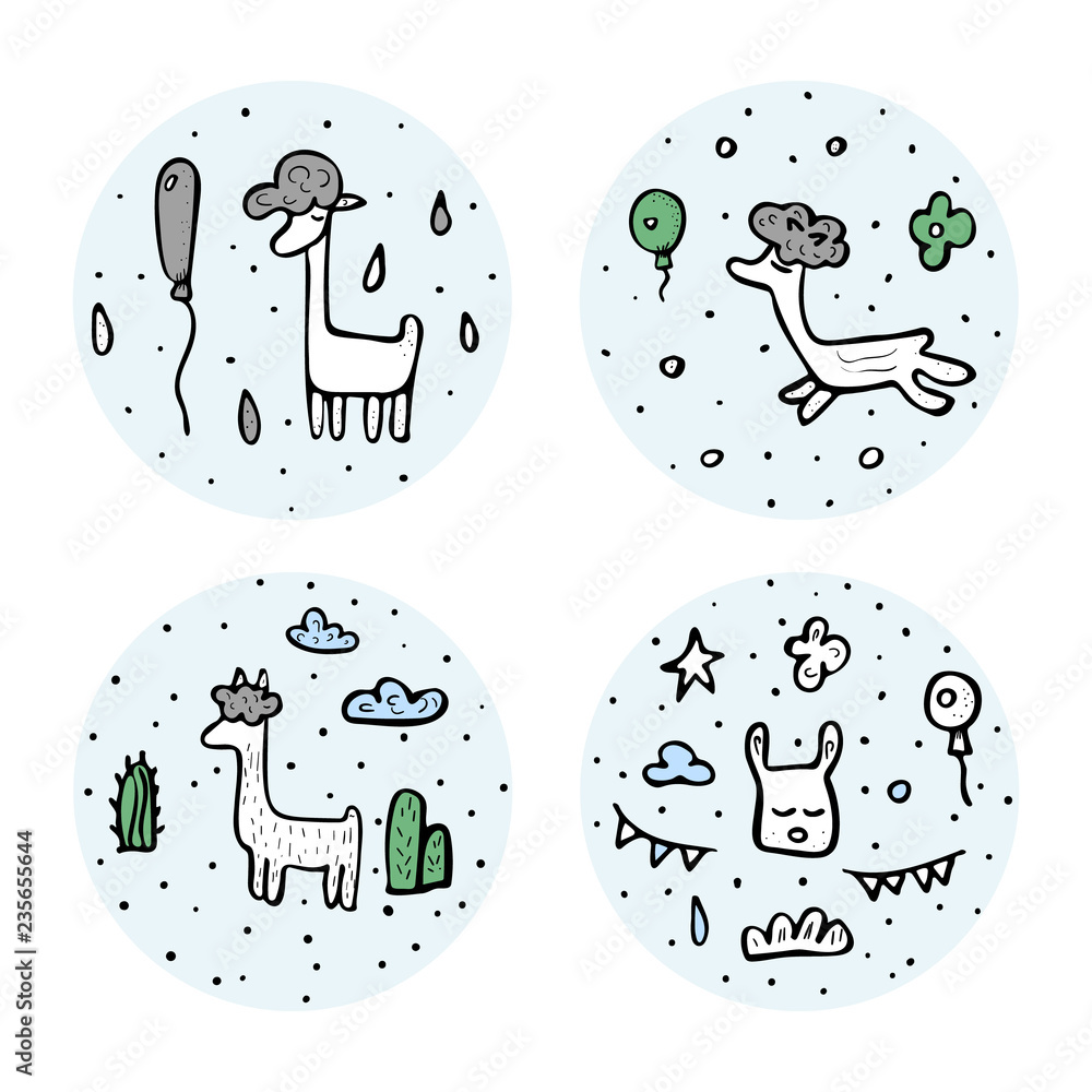 Poster lama concept. vector composition in doodle style.
