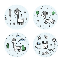 Lama concept. Vector composition in doodle style. 