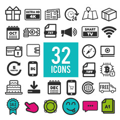 Set of flat icons for web, mobile apps and interface design: shopping, business, communication, media, transportation, travel, finance, fitness, summer, computer, easter, christmas, device