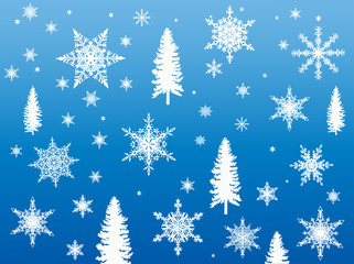 Fototapeta na wymiar white firs and snowflakes on blue