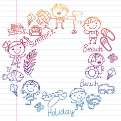Vector pattern with children icons. Summer vacation at seashore, sea, ocean, beach. Small kids having fun.