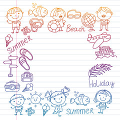 Fototapeta premium Vector pattern with children icons. Summer vacation at seashore, sea, ocean, beach. Small kids having fun.