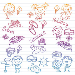 Vector pattern with children icons. Summer vacation at seashore, sea, ocean, beach. Small kids having fun.