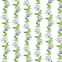 Fototapeta na wymiar Blue and green rustic flower patten watercolor hand painting