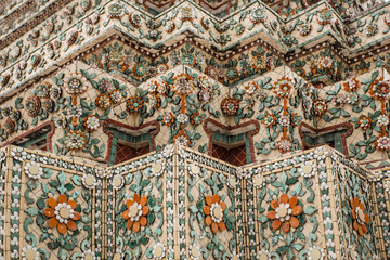 Detailed view of decor of Wat Pho pagoda. Temple of the Reclining Buddha in Bangkok, Thailand.