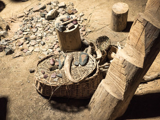 Reconstruction of the human dwelling of the Stone / Bronze Age. household items. archaeological...