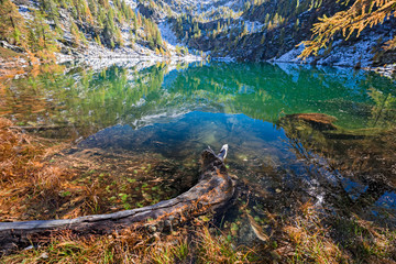 Alpine lake with the first fallen snow of the fall season, in the Swiss Alps.