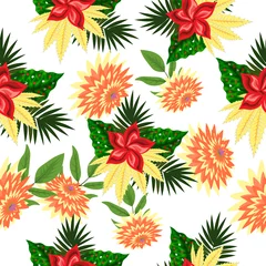 Fototapeten Tropical flower seamless vector pattern, floral fashionable tropic background for fabric textile, exotic hawaiian floral texture for print, trendy natural hand drawn leaves for fashion textile © zaurrahimov