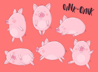 Collection of cute pigs on a red background with the word oink. Vector illustration for New Year, Christmas, prints, invitations, flyers, cards, children, clothes, decor, interior