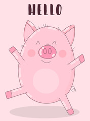 Vector image of a dancing pig on a pink background with the inscription Hello. Illustration for New Year, Christmas, prints, invitations, flyers, cards, children, clothes, decor, interior