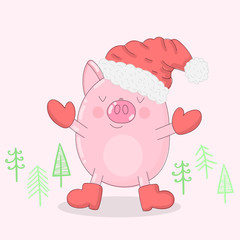 Vector illustration of a cute pig in winter clothes and Christmas trees on a light background. Image for the New Year, prints, banners, invitation, flyers, cards, children, clothes, decor