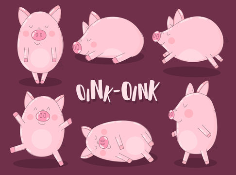 A collection of six funny pigs on a burgundy background with the word oink. Vector illustration for New Year, Christmas, prints, invitations, flyers, cards, children, clothes, decor, interior - Powered by Adobe