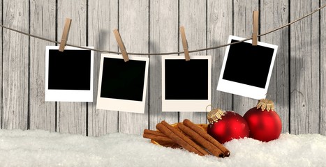 christmas background with instant photos - snow with christmas balls and blank instant photos...