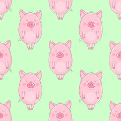 Seamless pattern of hand-drawn  pigs on an isolated green background. Vector illustration of piglets for New Year, prints, wrapping paper, cards, children, clothes, decor, farm, food.