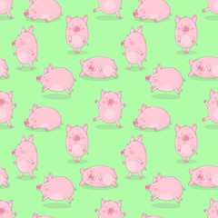 Seamless pattern of hand-drawn cheerful pigs on an isolated green background. Vector illustration of piglets for New Year, prints, wrapping paper, cards, children, clothes, decor, farm, food.