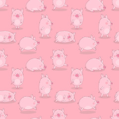 Seamless pattern of hand-drawn cheerful pigs on an isolated pink background. Vector illustration of piglets for New Year, prints, wrapping paper, cards, children, clothes, decor, farm, food.