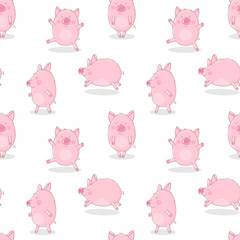 Seamless pattern of hand-drawn funny pigs on a transparent background. Vector illustration of piglets for New Year, prints, wrapping paper, cards, children, clothes, decor, farm, food.