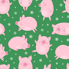 Seamless pattern of hand-drawn cute pigs and snowflakes on an isolated green background. Vector illustration of piglets for the New Year, prints, wrapping paper, cards, children, clothes, decor.