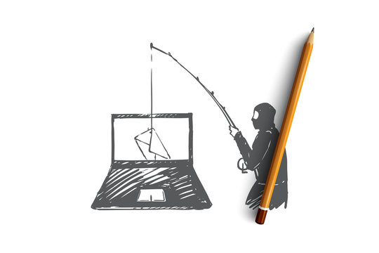 DLP, espionage, virus, penetration, dangers concept. Hand drawn isolated vector.