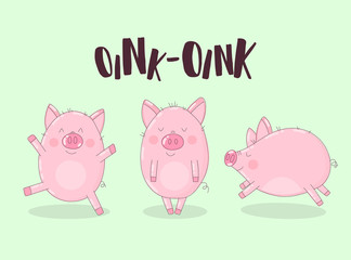 Collection of three funny pigs on a green background with the word oink. Vector illustration for New Year, Christmas, prints, invitation, flyers, cards, children, clothing, decor, banners.