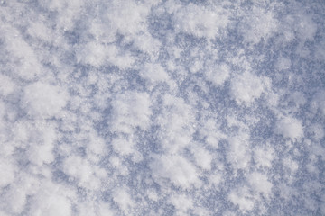 Closeup, macro of frozen white snowy surface with hoarfrost, a place for an inscription, copyspace