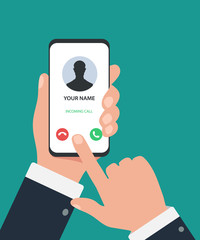  The hand holds the smartphone incoming call on screen. Incoming call on smartphone screen. Calling service. Flat design vector illustration