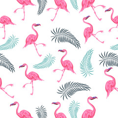 Tropical flamingo seamless vector pattern, floral fashionable tropic background for fabric textile, exotic hawaiian texture with flamingos for print, trendy natural leaves for fashion textile